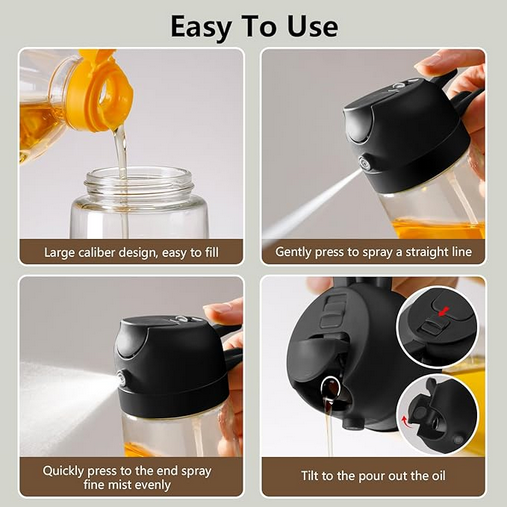 **Pulverizador de Aceite de Oliva para Cocina, 470 ml, Dispensador de Aceite de Vidrio 2 en 1 / Botella para Verter, Accesorios de Cocina, Gadgets de Cocina para Freidora de Aire, Ensaladas, BBQ (Negro)