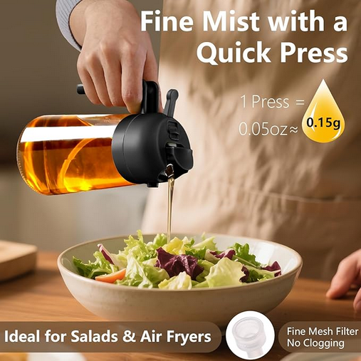 **Pulverizador de Aceite de Oliva para Cocina, 470 ml, Dispensador de Aceite de Vidrio 2 en 1 / Botella para Verter, Accesorios de Cocina, Gadgets de Cocina para Freidora de Aire, Ensaladas, BBQ (Negro)