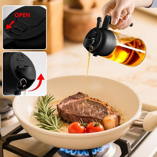 **Pulverizador de Aceite de Oliva para Cocina, 470 ml, Dispensador de Aceite de Vidrio 2 en 1 / Botella para Verter, Accesorios de Cocina, Gadgets de Cocina para Freidora de Aire, Ensaladas, BBQ (Negro)
