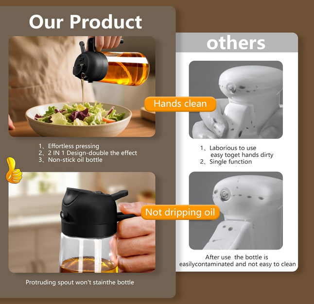 **Pulverizador de Aceite de Oliva para Cocina, 470 ml, Dispensador de Aceite de Vidrio 2 en 1 / Botella para Verter, Accesorios de Cocina, Gadgets de Cocina para Freidora de Aire, Ensaladas, BBQ (Negro)
