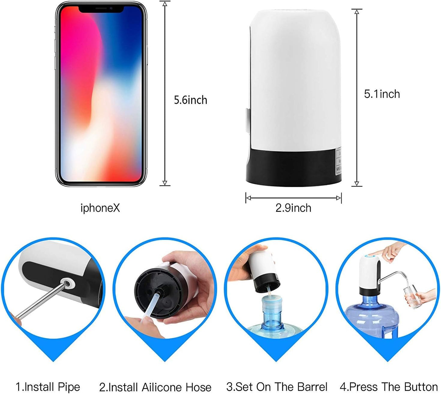 Uzomart Dispensador de Agua Automático Portátil USB Recargable - Bomba Eléctrica Inalámbrica para Botellas de Galón